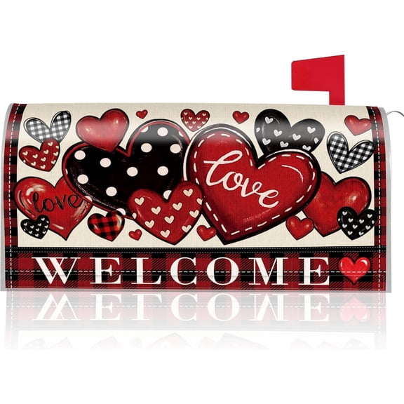 Mailbox Covers Magnetic Standard Size, Valentines Day Mailbox Wraps with Red Black Buffalo Plaid Hearts Love Welcome Design, Holiday Outdoor Garden Yard Decor for Home