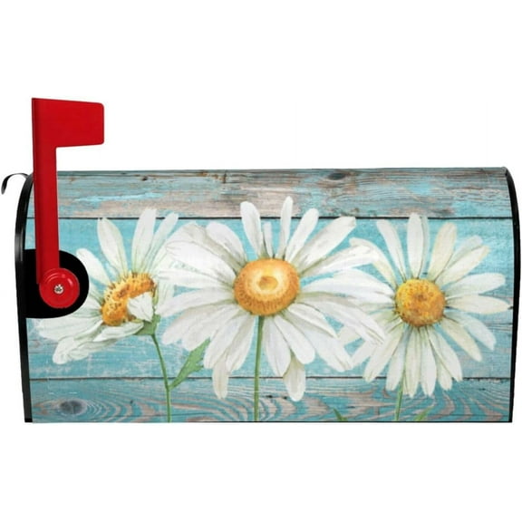 Mailbox Covers Rustic Summer Daisy, Spring 25.5x21 Inch Teal Old Wood Board Magnetic Mailbox Covers, Large Size Mailbox Wrap Post Letter Box Cover Mailbox Post Cover for Yard Garden Decor