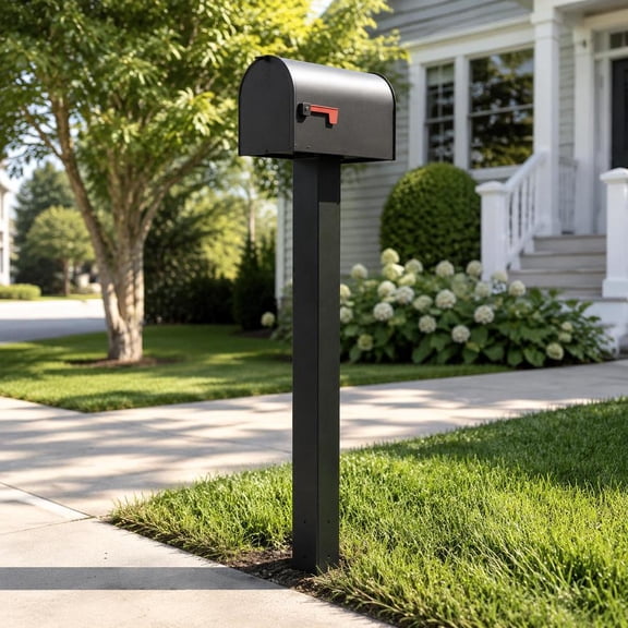 Mailbox Post, 43 Inch, Powder Coated Black Steel, In-Ground Mounting, Heavy Duty Metal Stand