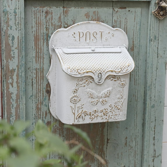 Mailbox Wall Mount Mailboxes for Outside Vintage Mail Boxes for House Outside Metal Drop Box Antique Style Nostalgic Charm Home Decorative, Butterfly Pattern, White
