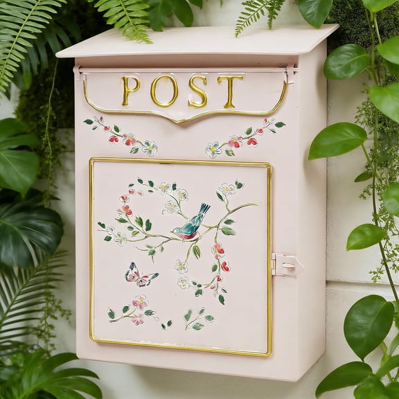 Mailbox Wall Mount Mailboxes for Outside Vintage Mail Boxes for House Outside Metal Drop Box Antique Style Nostalgic Charm Home Decorative, Flower Pattern, Pink