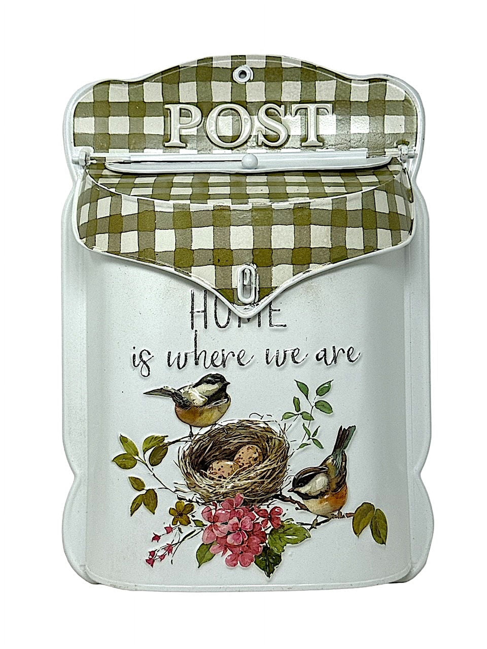 Decorative Metal Mailbox Wall Mount Farmhouse Post Box White Olive Plaid Bird Nest Design Indoor Outdoor Covered Porch Garden Decor 15.5" x11"