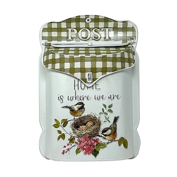 Decorative Metal Mailbox Wall Mount Farmhouse Post Box White Olive Plaid Bird Nest Design Indoor Outdoor Covered Porch Garden Decor 15.5" x11"