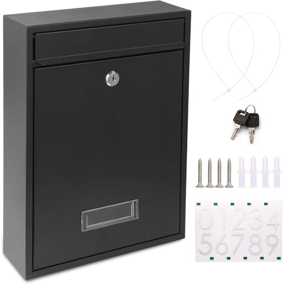 Mailboxes for Outside, Wall Mount Locking Mailbox, Security Mailbox with Lock Key and Three Sets 0-9 Mail Box Numbers, Large Capacity Steel Cover Metal Postbox Outdoor, 13.8X 10.8X 3.25 Inch Black