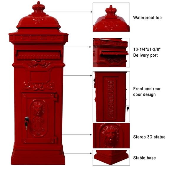 Mailboxs Mailboxes Residential The Court Large-Capacity Letter Box, Garden Floor Safety Mailbox, Outdoor Rainproof Postbox Statue ,red,
