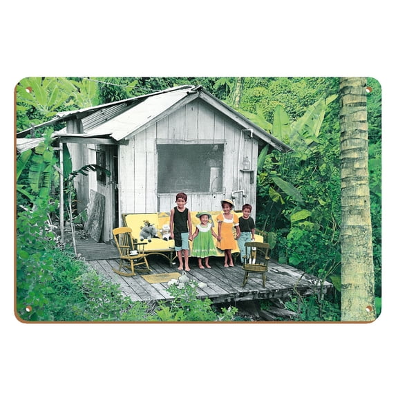 Maile’s Tea Party - Hawaiian Children (Keiki) playing at their Jungle Home (Hale) - From an Original Hand Colored Photograph by Deanna Benatovich - 8 x 12 inch Vintage Wood Art Sign