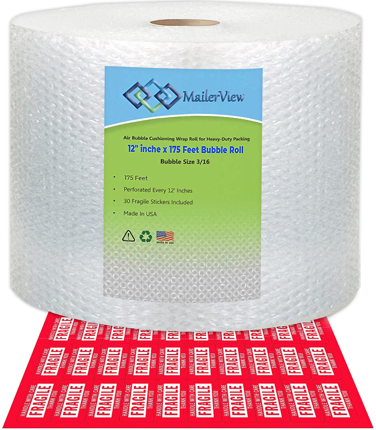 Mailerview Air Bubble Cushioning Wrap Roll 12 Inch x 175 Feet (30 Fragile Stickers Included)