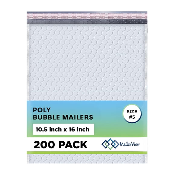 Mailerview Arctic White Bubble Mailers 10.5x16 Poly Padded Envelopes #5 200 Pack