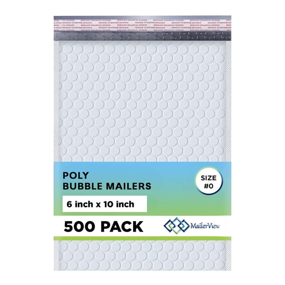 Mailerview Arctic White Bubble Mailers 6x10 Poly Padded Envelopes #0, 500 Pack