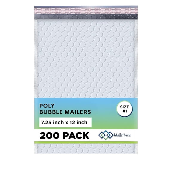 Mailerview Arctic White Bubble Mailers 7.25x12 Poly Padded Envelopes #1 200 Pack