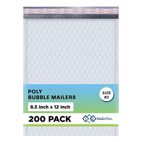 Mailerview Arctic White Bubble Mailers 8.5x12 Poly Padded Envelopes #2 200 Pack