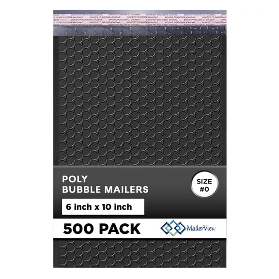 Mailerview Jet Black Bubble Mailers 6x10, Poly Padded Envelopes #0, 500 Pack Bulk