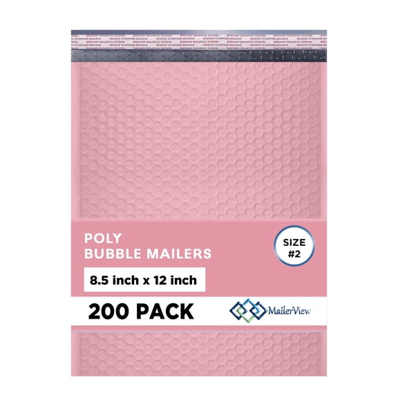 Mailerview Light Pink Bubble Mailers 8.5x12 Poly Padded Envelopes #2, 200 Pack