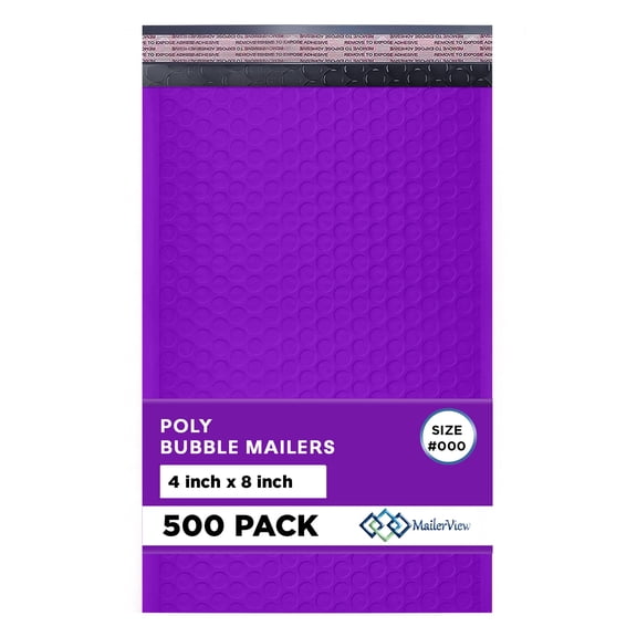 Mailerview Purple Bubble Mailers 4x8, Self Seal Poly Padded Envelopes #000, 500 Pack