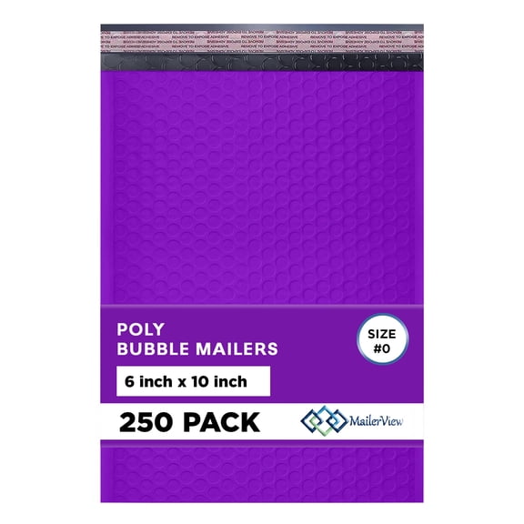 Mailerview Purple Bubble Mailers 6x10, Poly Padded Envelopes #0, 250 Pack Bulk
