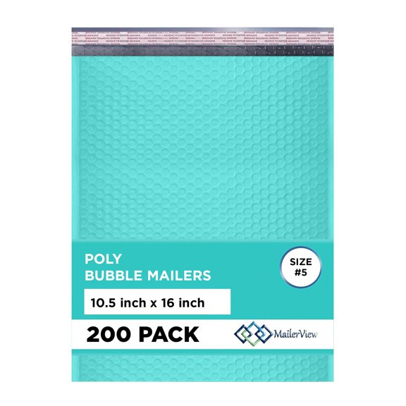 Mailerview Teal Bubble Mailers 10.5x16, Self Seal Poly Padded Envelopes #5, 200 Pack