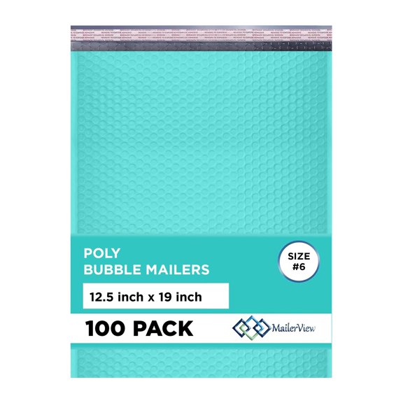 Mailerview Teal Bubble Mailers 12.5x19.5 Self Seal Poly Padded Envelopes #6, 100 Pack