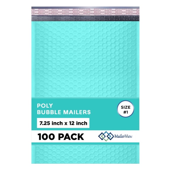 Mailerview Teal Bubble Mailers 7.25x12, Self Seal Poly Padded Envelopes #1, 100 Pack