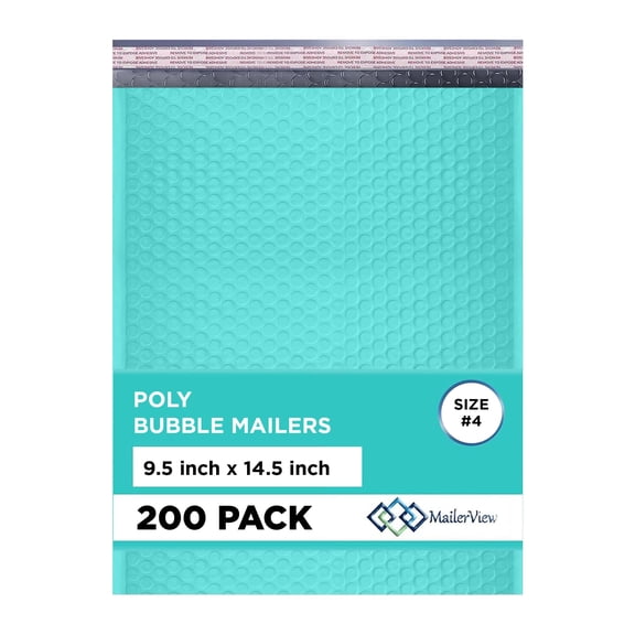 Mailerview Teal Bubble Mailers 9.5x14.5, Self Seal Poly Padded Envelopes #4, 200 Pack