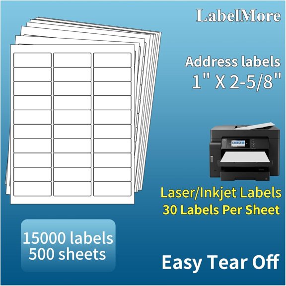 Mailing Address Labels, 1 x 2-5/8, White Paper, Laser or Inkjet Printable, FBA Compatible, 30-Up per Sheet, 15000 Labels 500 Sheets