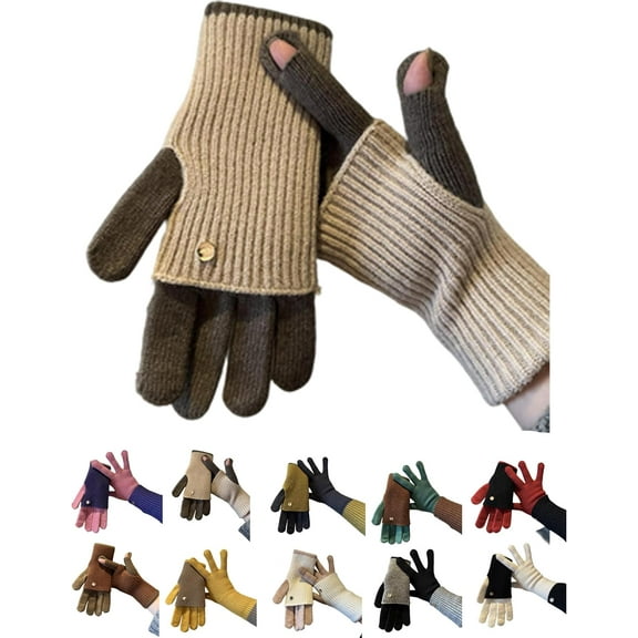 Maillard Two-Way Knit Gloves, Color Blocked Knitted Wool Glove, Convertible Full & Half Finger Gloves, with Touchscreen Tips