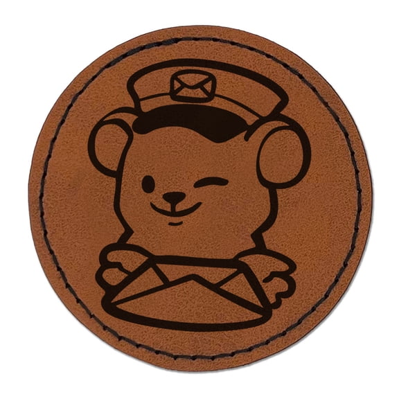 Mailman Postman Bear with Letter Cute Round Iron-On Engraved Faux Leather Patch Applique - 2.5 Inch - Brown