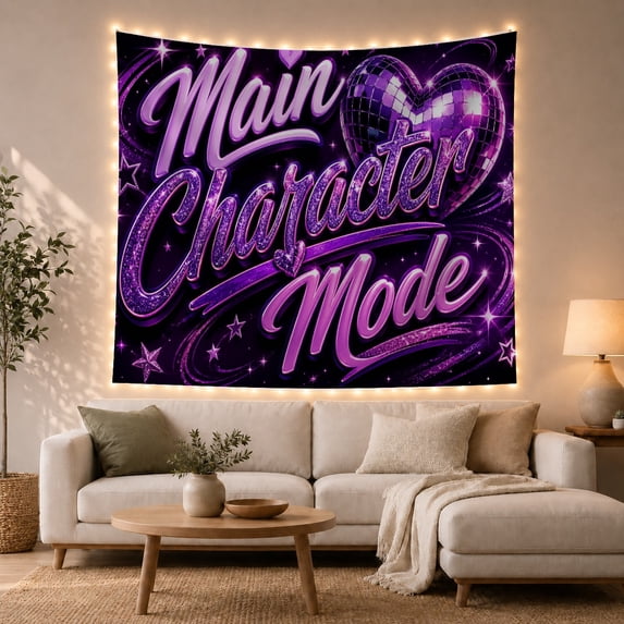 Main Character Mode with Heart Disco Ball, Uplifting Retro Style for Motivational Art Lovers, Sparkly Wall Art, Graduation Gift, Tapestry Wall Hanging for Bedroom and Dorm