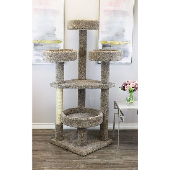 Main Coon Cat Tree Tower for Large Cats, Handcrafted Solid Wood Cat Furniture with Plush Carpet and Sisal Rope, Multi-Level Playhouse for Multiple Cats, Grey