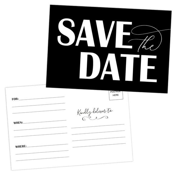 Your Main Event Prints 50 Black and White Save The Date Cards for Wedding, Engagement, Bridal Shower, Bold Script Design Save The Dates Postcard Invitations, No Envelopes Needed