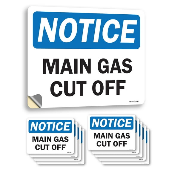 Main Gas Cut Off OSHA Notice Vinyl Decal Label 5 Inch x 3.5 Inch - 10 Pack