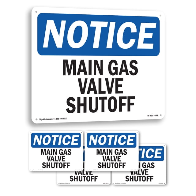 Main Gas Valve Shutoff OSHA Notice Rigid Plastic Sign 18 Inch x 12 Inch ...