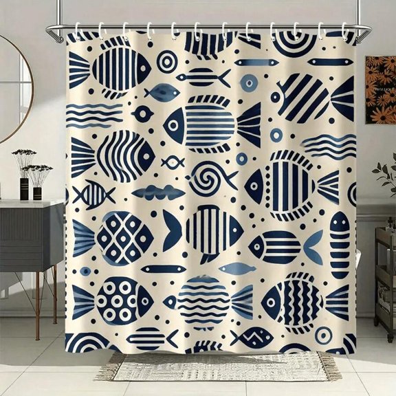 Main Image Style Blue and White Fish Pattern Shower Curtain, 70.88 Inch