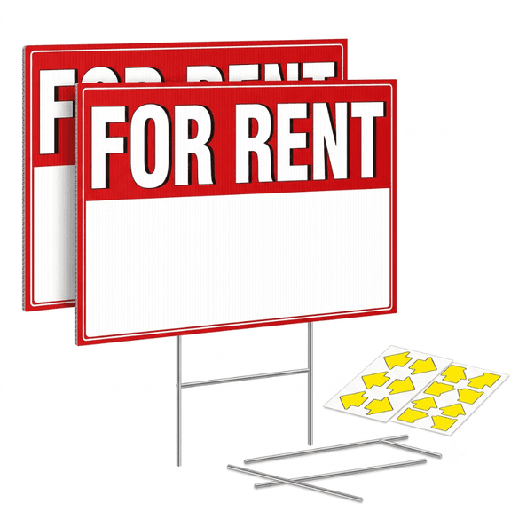 Main Keyword:2Pack For Rent Yard Sign with Stakes,Long Tail Keywords:extra large writing space,peel and stick arrow stickers,double sided weatherproof signage,for landlords,property managers, Red