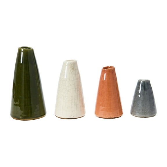 Main + Mesa Conical Stoneware Bud Vases in Crackle Glaze, Olive/Terracotta Tones, Set of 4