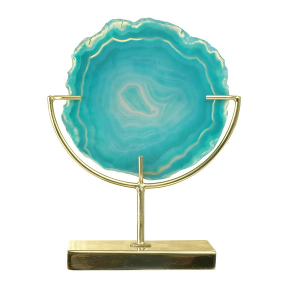 Main + Mesa Decorative Agate Slice Accent on Metal Stand, Marbled Turquoise