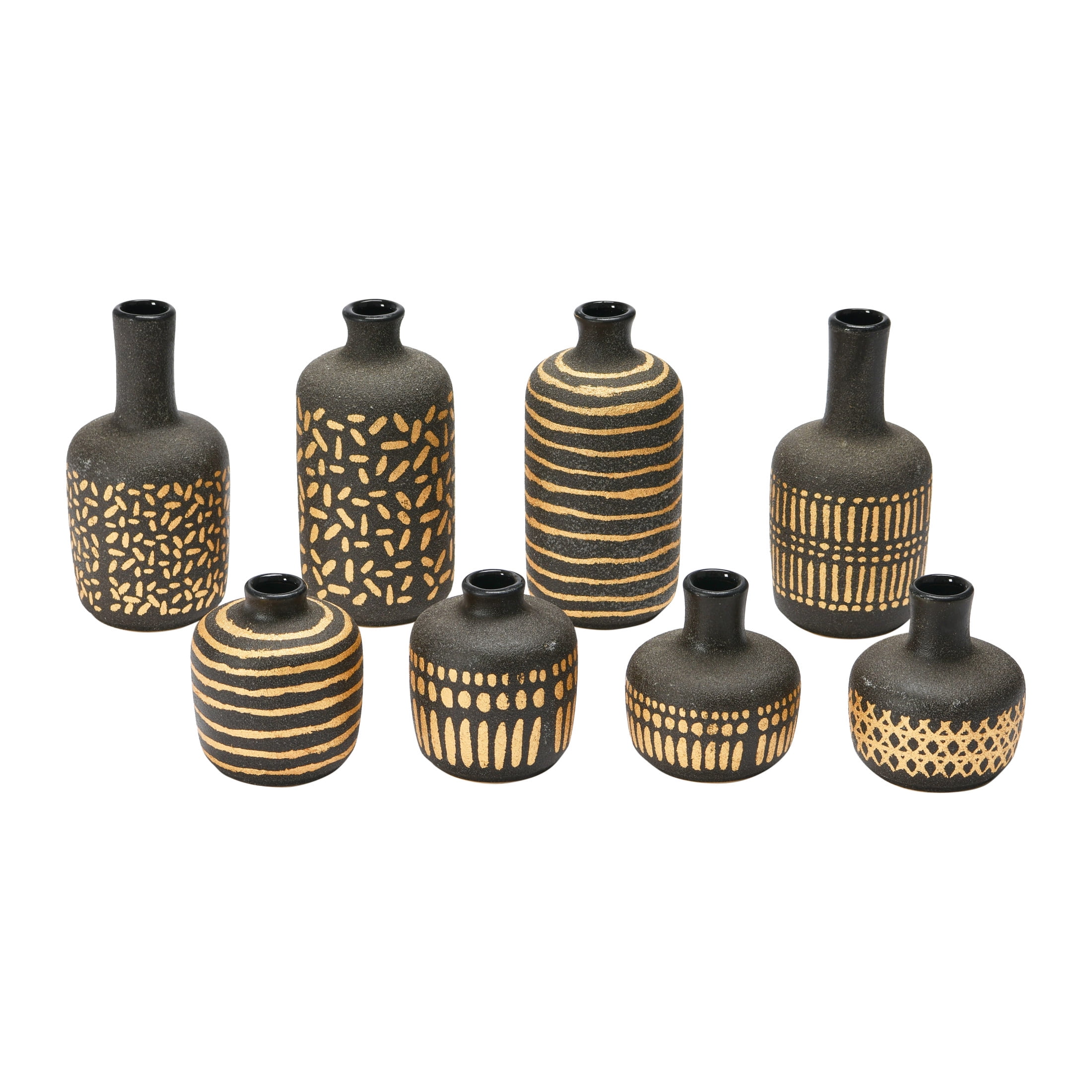 Black and Gold Ceramic Bud Vase Set with Hand-Painted Patterns