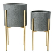 Main + Mesa Modern Boho Embossed Metal Planters with Stands, Charcoal Grey and Gold, Set of 2 Sizes