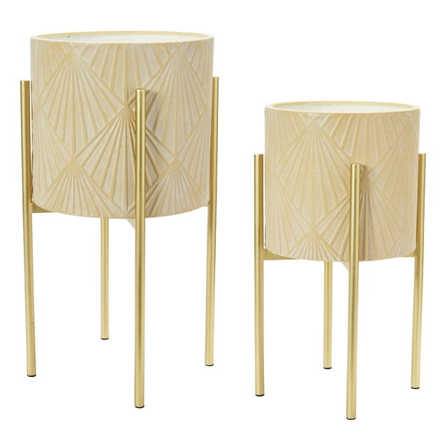 Main + Mesa Modern Boho Embossed Metal Planters with Stands, Cream and Gold, Set of 2 Sizes