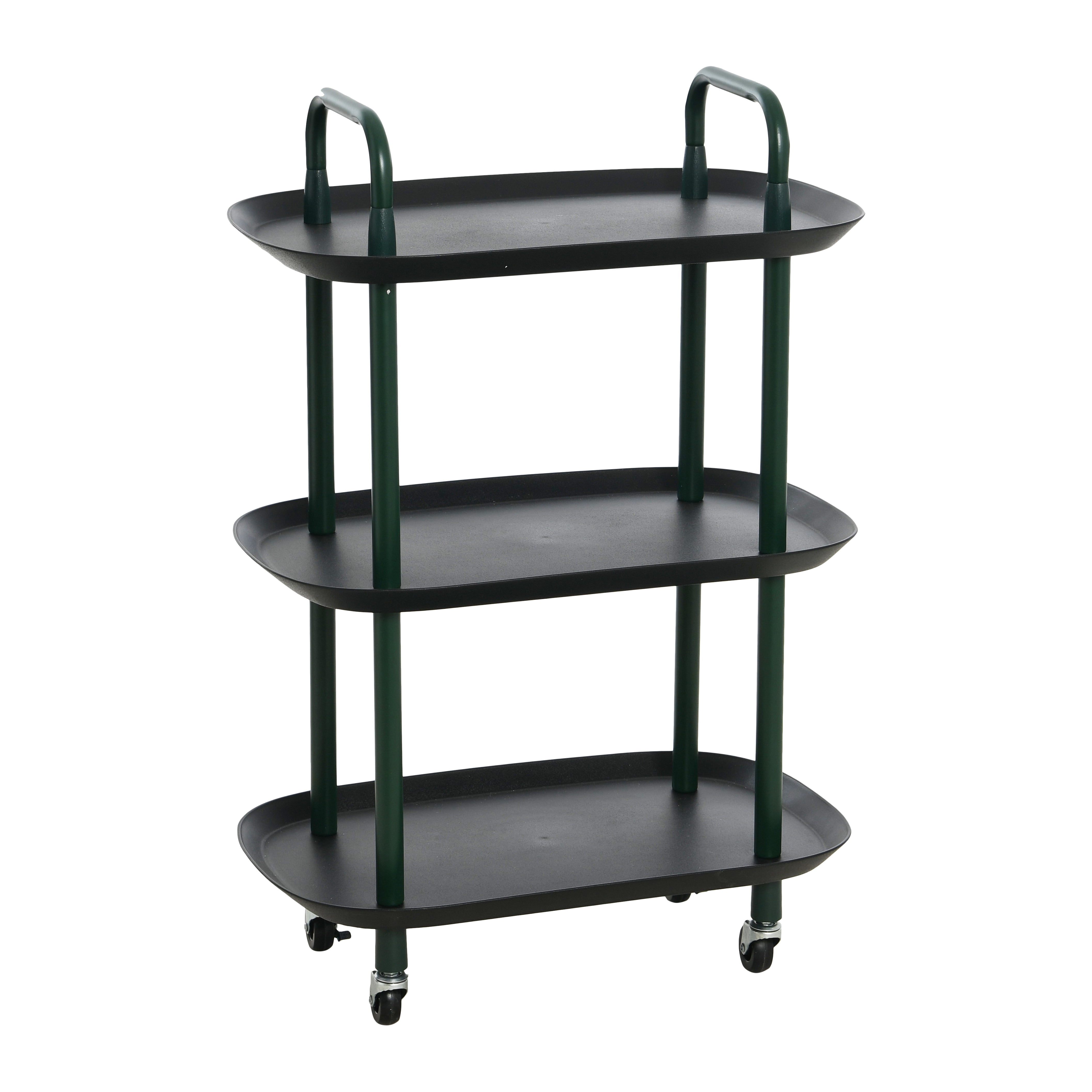 Main + Mesa Modern Plastic and Metal 3-Tier Trolley, Black and Dark Green