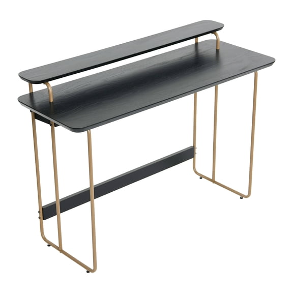Main + Mesa Pacifica Mid-Century Modern Computer Desk with Genuine Wood Veneer and Rounded Metal Detail, Gold & Black Finish