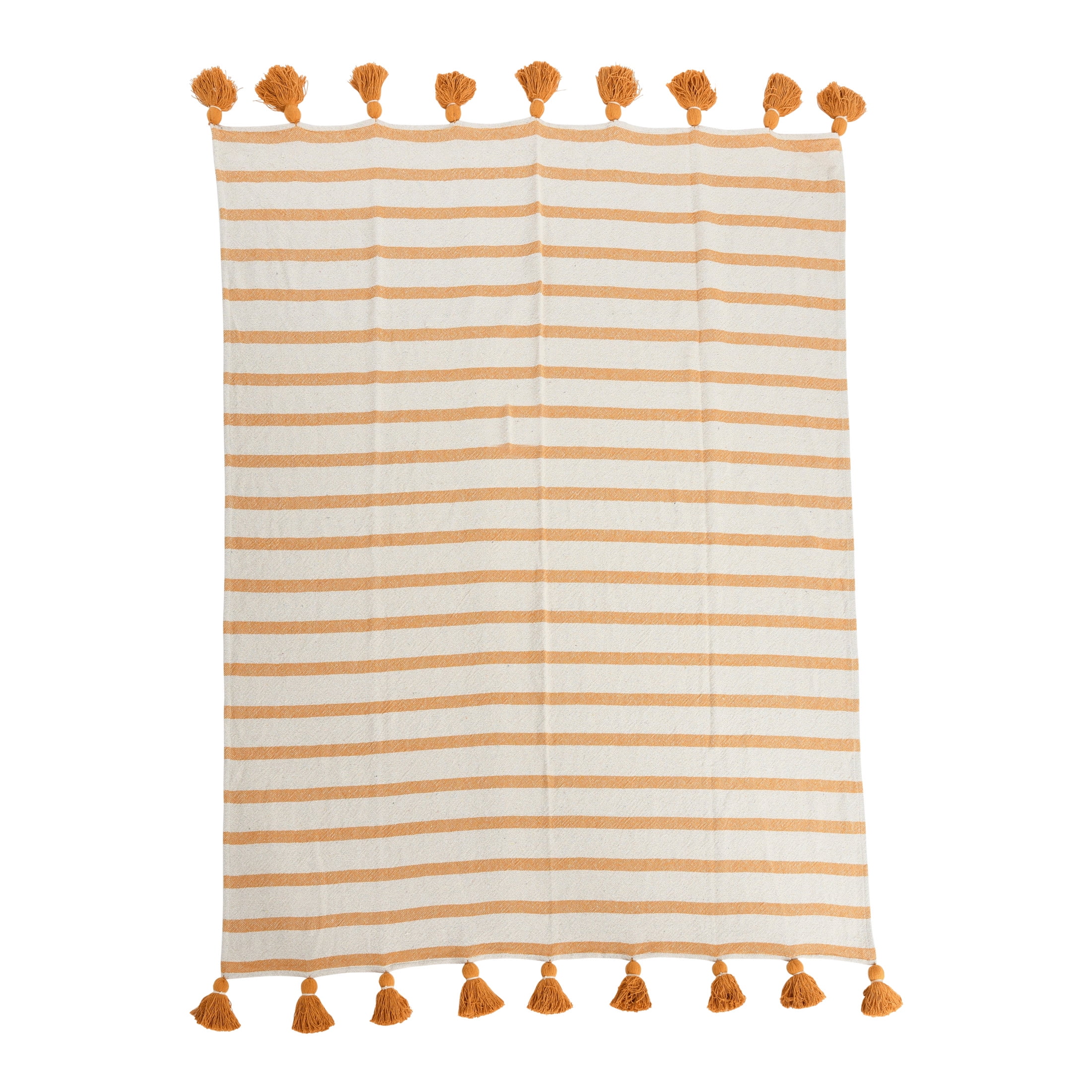 Golden Yellow and Cream Striped Cotton Throw Blanket with Tassels