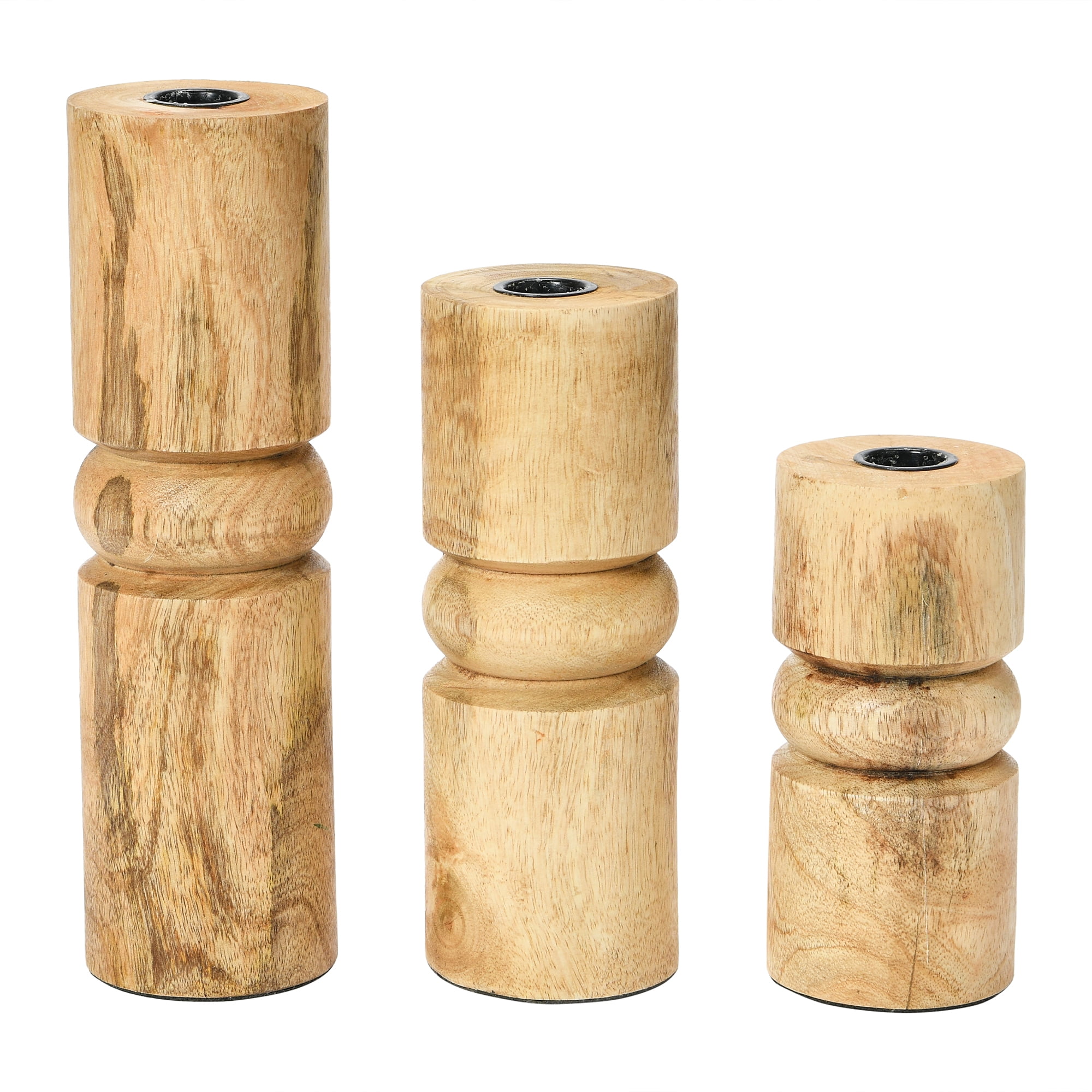 Natural Mango Wood Sculptural Taper Candle Holders, Set of 3