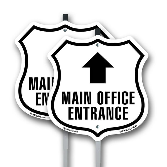 Main Office Entrance Up (2 Pack) 12 inch X 12 inch Shield Shaped Rust-Free Aluminum Metal Signs with Aluminum Mounting Stakes Weather Resistant Made in the USA