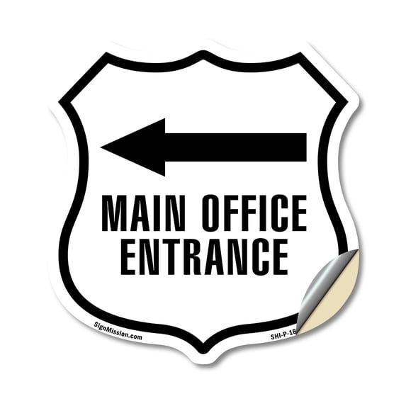 Main Office Entrance Left (2 Pack) 6 inch X 6 inch Shield Shaped Heavy Duty 3.2 mil Vinyl Decals Weather Resistant Made in the USA