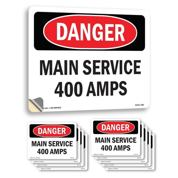 Main Service 400 Amps OSHA Danger Vinyl Decal Label 14 Inch x 10 Inch - 10 Pack