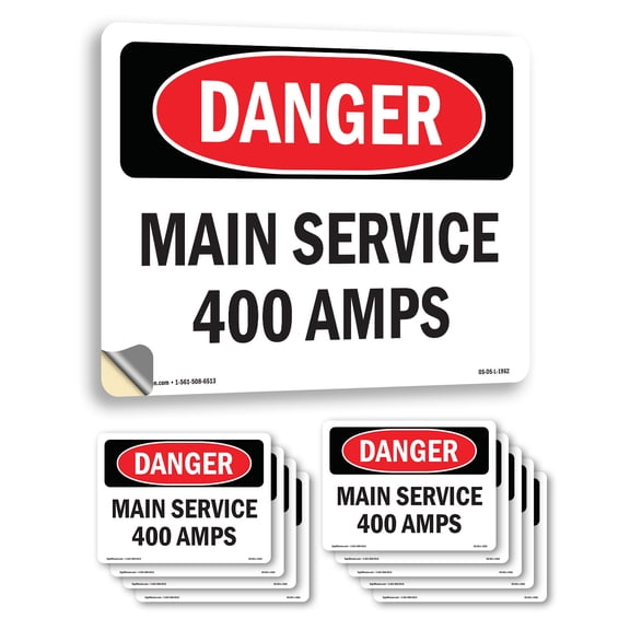 Main Service 400 Amps OSHA Danger Vinyl Decal Label 5 Inch x 3.5 Inch - 10 Pack