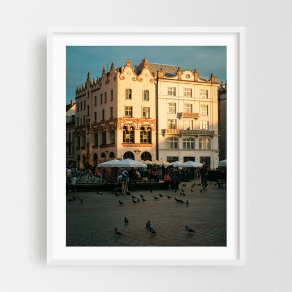 Main Square, Kraków - Kraków Małopolskie Poland Photography Architecture City Street Photography Travel Poster Cityscape Bicycle Bird White Framed Wall Art Print 6 x 8 inches
