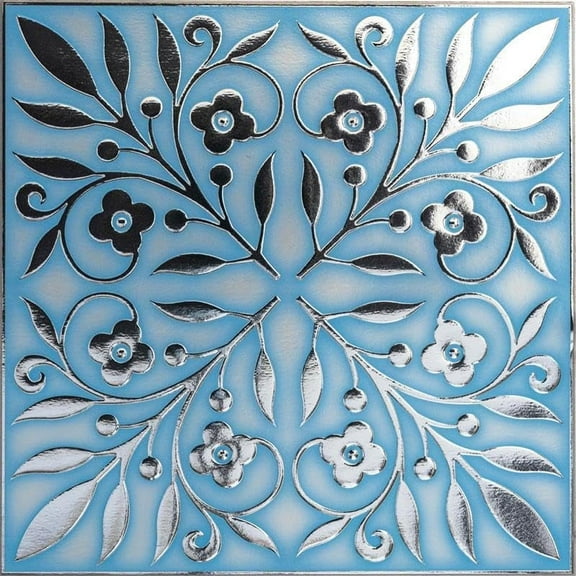 Main Street 24-Pack of 8"x8" Wallpaper Tiles Peel and Stick in Blue & Silver Leaves Design for Kitchen Backsplash, Metallic Home Decor and DIY Projects