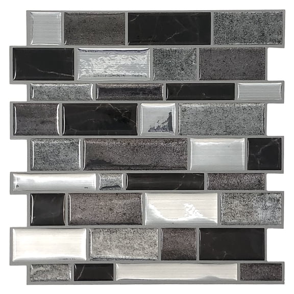 Main Street 8" x 8" Silver & Black Mosaic Vinyl Peel and Stick Tiles (8-pack). Removable Tiles for Walls or Backsplash