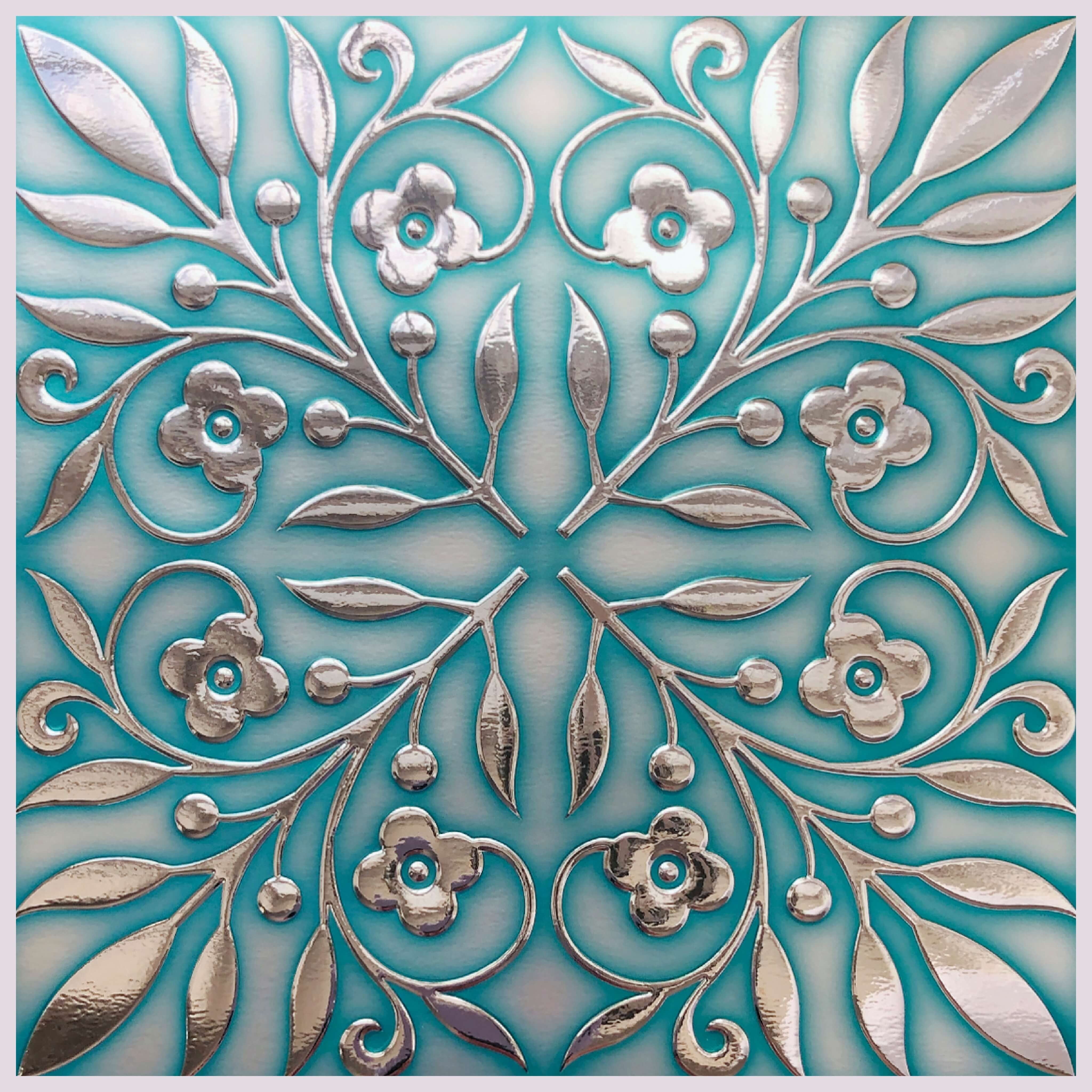 Teal and Silver Floral Metallic Peel and Stick Wallpaper Tiles
